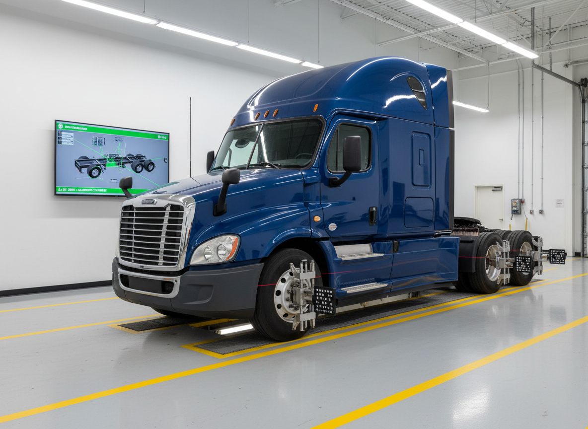 A powerful blue tandem-axle fleet truck positioned over an in-ground alignment pit, captured from a slightly elevated three-quarter front angle. The camera emphasizes the straight, true stance of the wheels, with digital alignment sensors attached to each tire and a large, wall-mounted alignment screen glowing softly in the background. The service bay features smooth, light-gray epoxy floors, bright white walls, and clearly marked safety lines. Cool, even LED strip lighting from the ceiling creates minimal shadows and professional clarity, enhancing every bolt and tread pattern in photographic realism. The mood is precise, technical, and dependable, conveying state-of-the-art alignment service capabilities for commercial fleets in a clean, modern workshop environment with no people present.