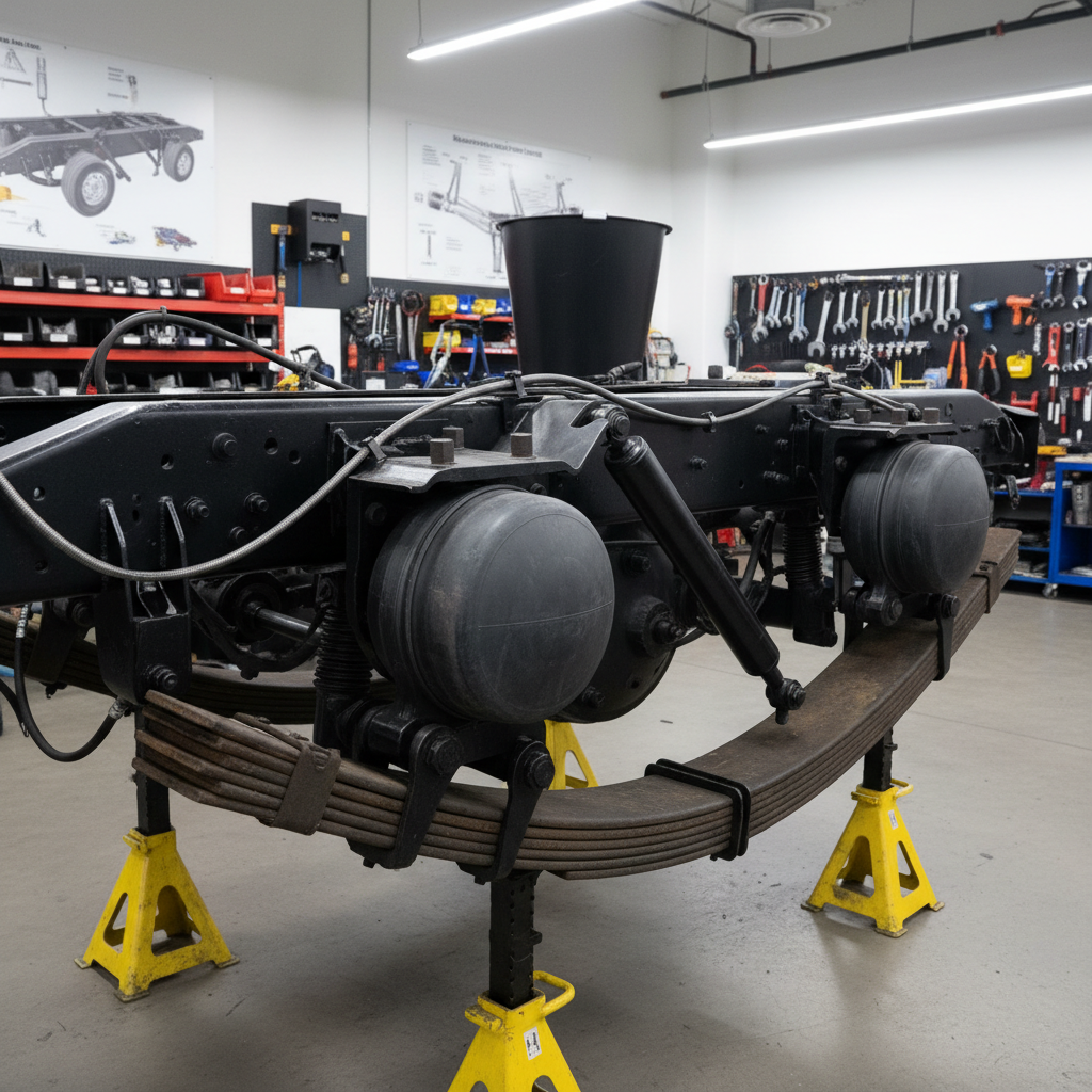 A rugged heavy-duty dump truck chassis up on sturdy, bright yellow jack stands, focusing on the rear suspension system in a professional truck repair facility. Large leaf springs, air ride bags, shock absorbers, and axle housings are rendered in sharp photographic detail, with light dust and road wear visible but controlled, suggesting an actively used yet well-maintained work vehicle. Overhead LED lighting casts clear, neutral light, creating defined shadows beneath the suspension components and subtle reflections on black-painted steel and bare metal. The background shows a slightly out-of-focus array of organized tools, labeled parts bins, and wall-mounted service diagrams. Shot at a low angle along the frame rail, the composition feels robust, technical, and trustworthy, communicating expert suspension diagnostics and repair for heavy-duty fleets.