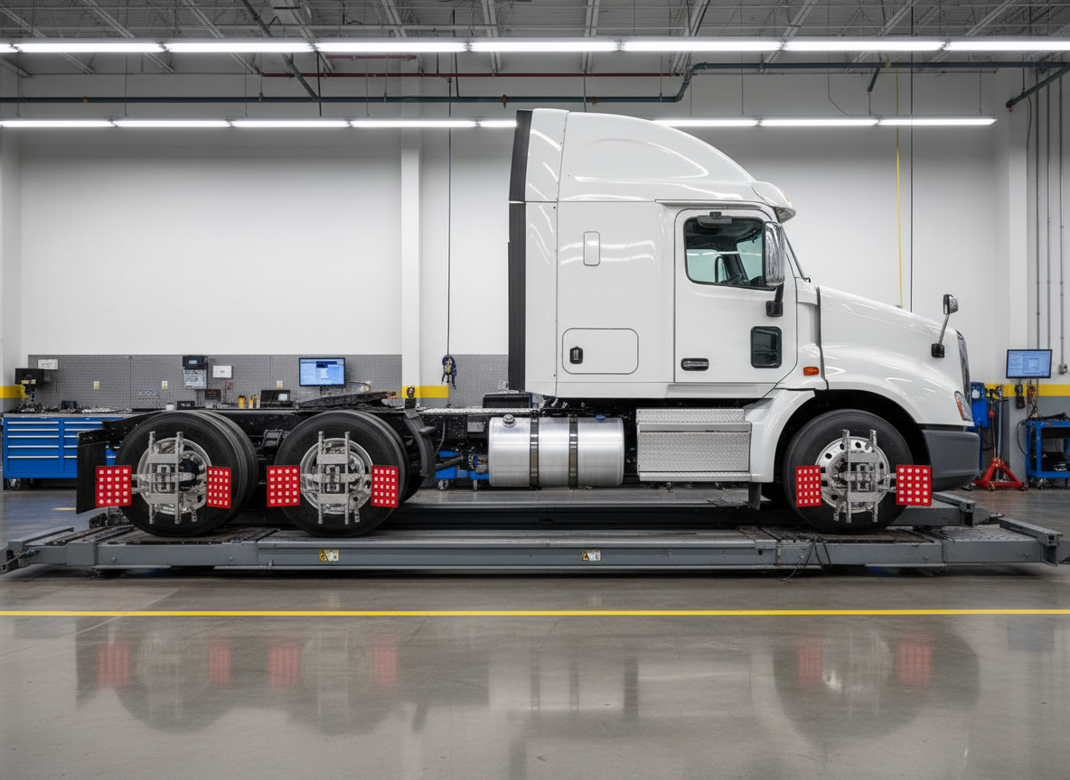 A meticulously maintained white Class 8 semi-truck tractor positioned inside a spotless, well-organized service bay at a professional fleet repair facility. The camera is at eye level, capturing the full side profile of the truck on a heavy-duty alignment rack, with bright red and silver alignment targets attached to each wheel. Overhead LED shop lighting creates clean, even illumination, highlighting the truck’s glossy paint and the precise geometry of the suspension components. The polished concrete floor reflects subtle glints of light, while neatly arranged tool cabinets and diagnostic equipment fade into a soft bokeh in the background. The mood is professional, reliable, and technical, with photographic realism emphasizing sharp detail and a clean, modern commercial aesthetic suited for a trusted fleet service brand.