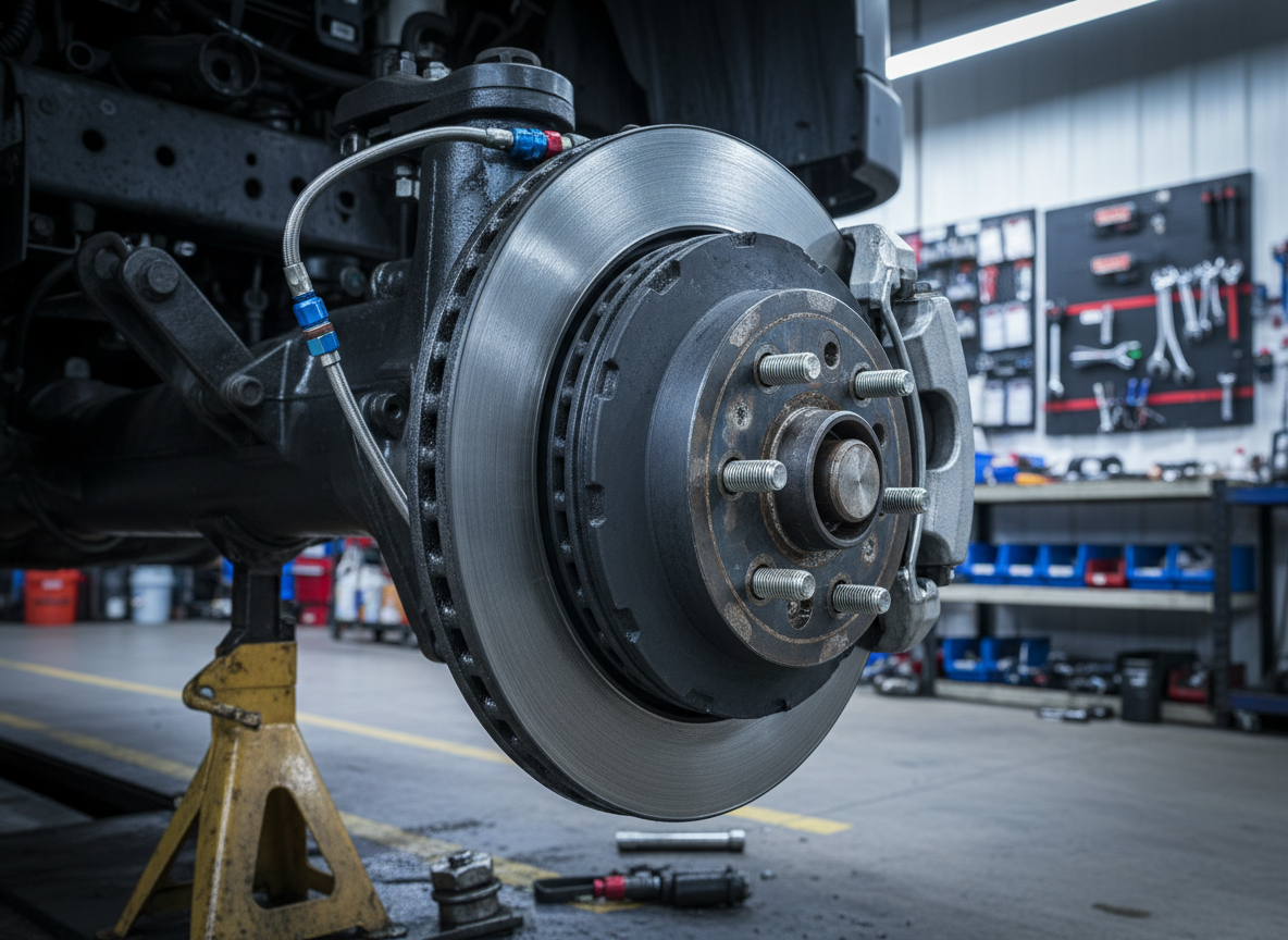A close-up, highly detailed view of a heavy-duty truck’s front axle and brake assembly lifted on a sturdy steel jack stand in a modern repair shop. The disc brake rotor, thick brake pads, caliper, and braided brake lines are shown in crisp focus, with slight traces of clean lubricant and metallic textures visible on every surface. Overhead LED lights cast bright, neutral illumination, creating sharp highlights on machined metal and subtle shadows under the suspension arms. The background shows an intentionally blurred workshop environment with organized shelving and diagnostic tools, maintaining a professional atmosphere. Shot from a slightly low, three-quarter angle for a technical, documentary feel, this photographic realism composition conveys precision, safety, and expert brake service without any human presence, ideal for a specialized truck brake repair business.
